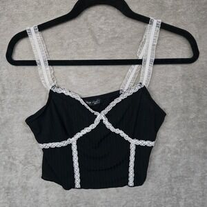 SHEIN Camisole Tank Y2K Large Black Lace Trim Ribbed Cropped Coquette Fairycore